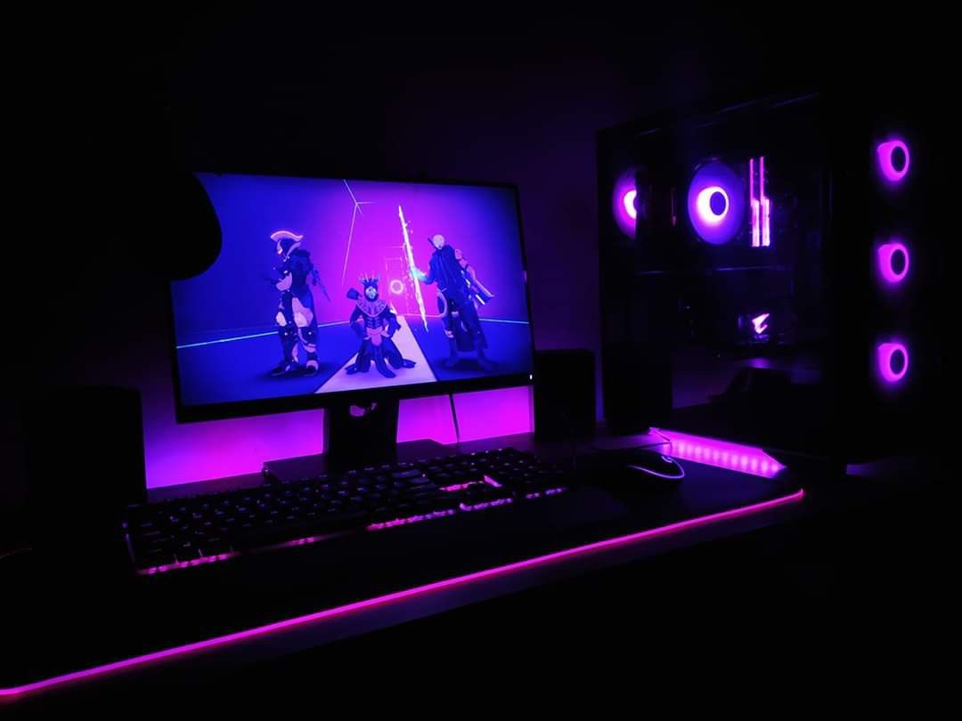 picture Pink Gaming Setup Black Desk pink black theme pc setup gamer