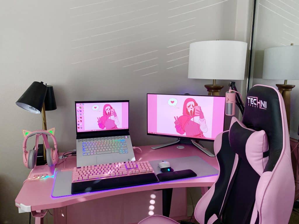 picture Pink Gaming Setup Black Desk eureka ergonomic i1 s pink gaming desk 45 inch small home office pc gaming computer desk t shaped writing study tables popular gift for girlfriend